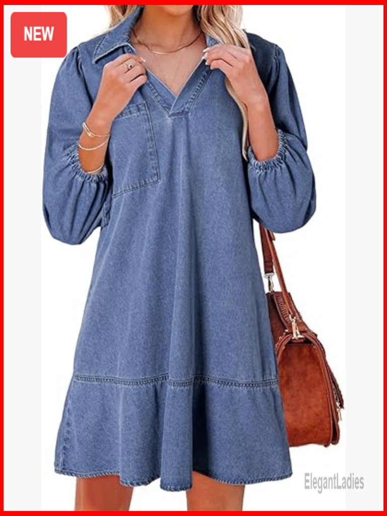Denim Babydoll Dress V Neck Puff Sleeve Mini Jean Dress